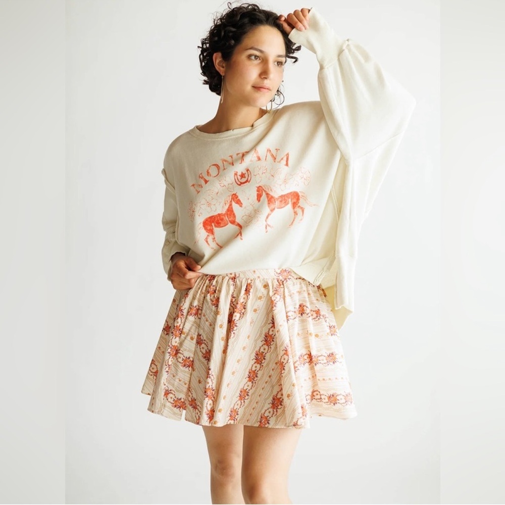 Free People Gaia Floral Print 100% Cotton Mini Skirt, Elastic Waist, Size Medium